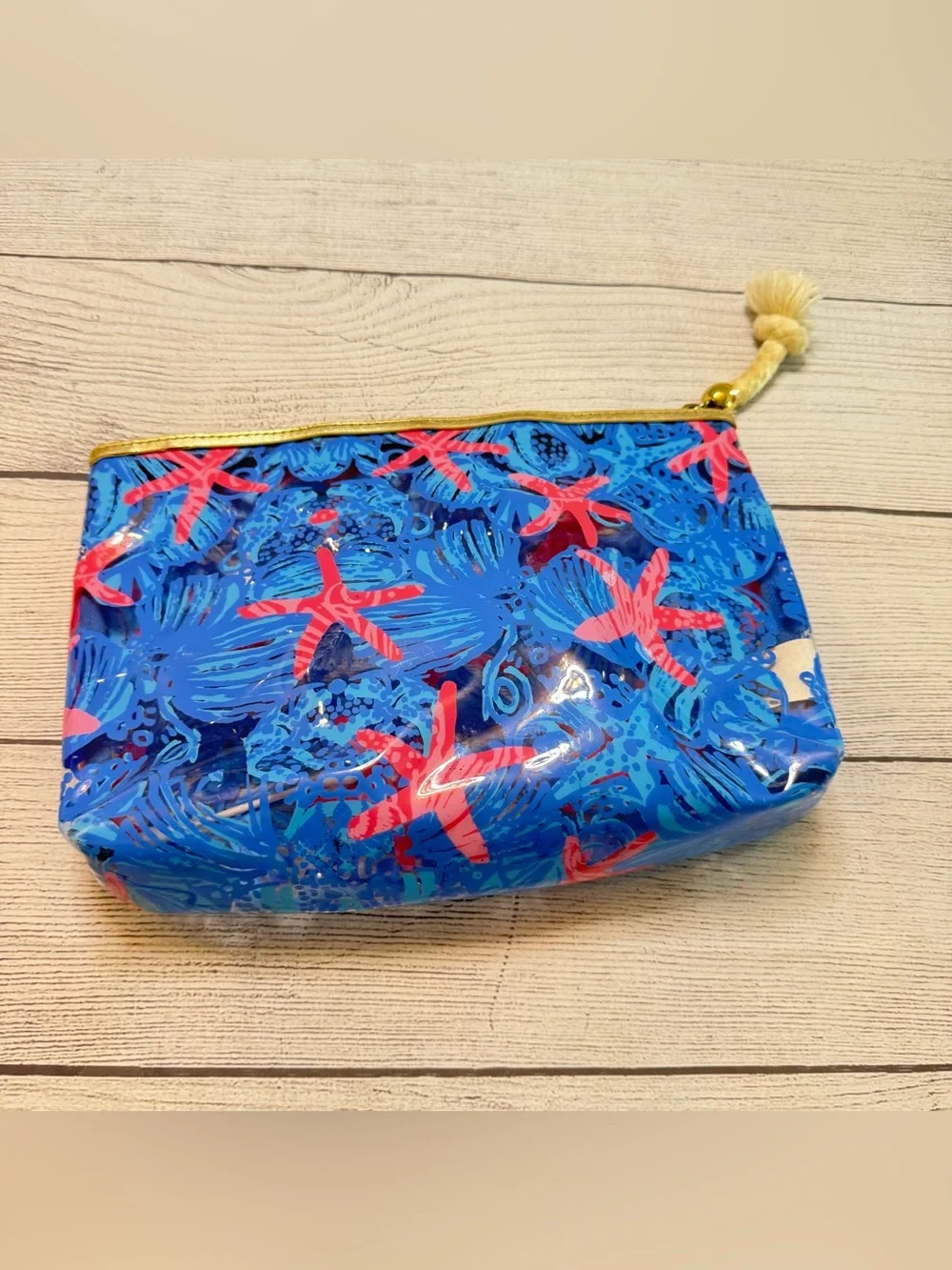 Lilly Pulitzer Blue Starfish Pattern Cosmetic Pouch with Coral Accents